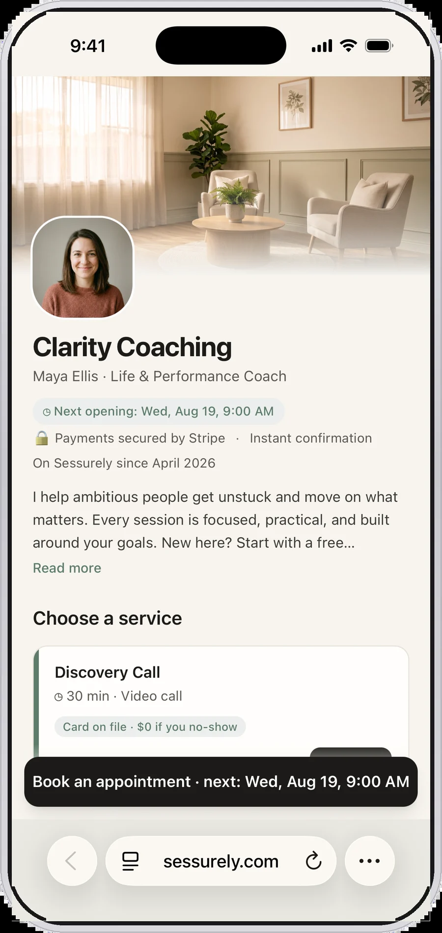 A coach&rsquo;s Sessurely booking page on a phone, showing sessions with durations, prices and the deposit required to hold each slot.