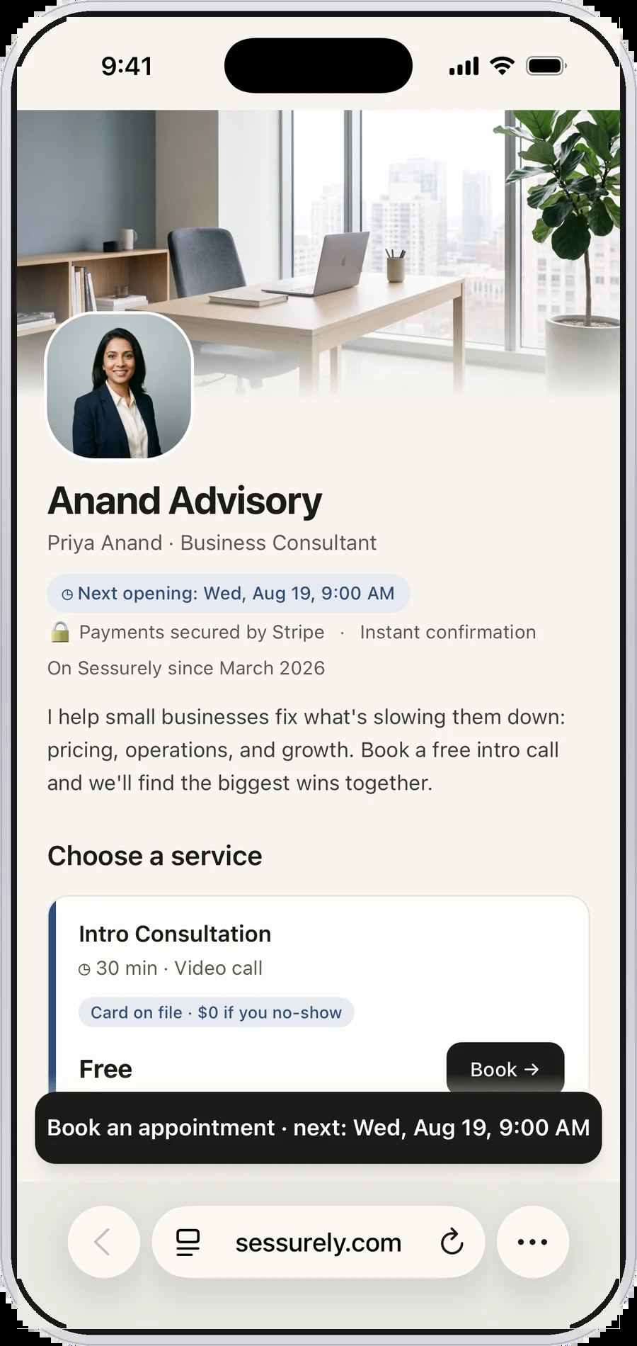 A consultant&rsquo;s Sessurely booking page on a phone, showing advisory sessions with durations, prices and the payment required to hold each slot.