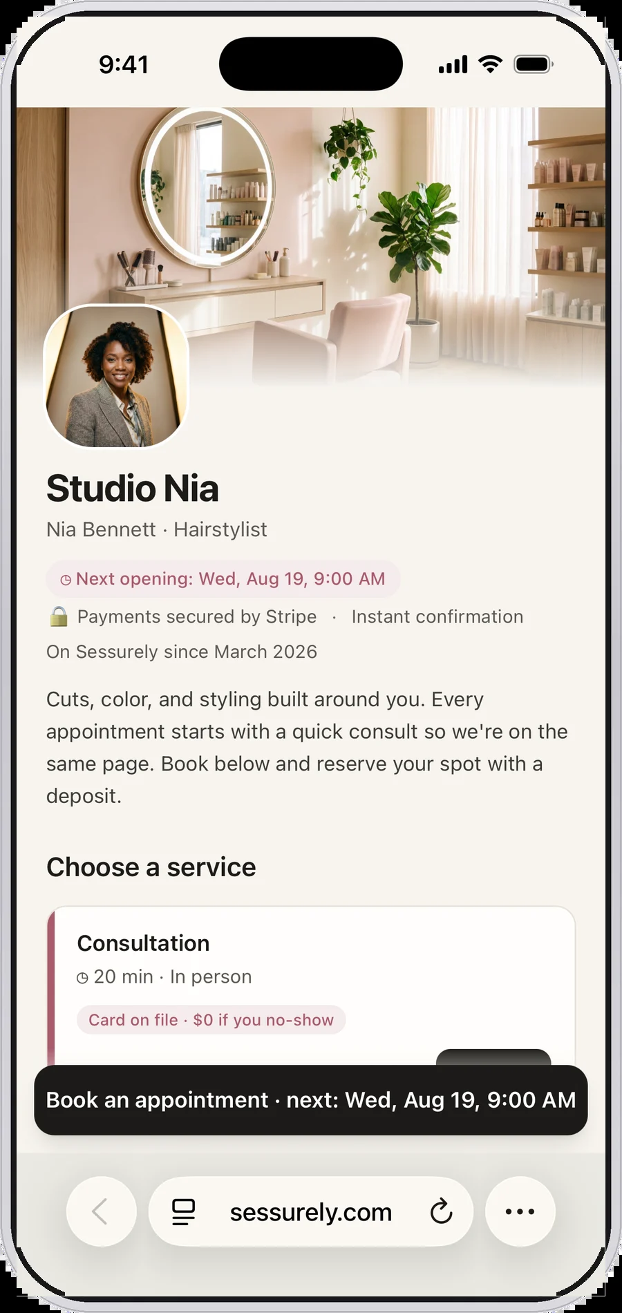 A hairstylist&rsquo;s Sessurely booking page on a phone, showing services with prices, durations and the deposit required to hold each slot.