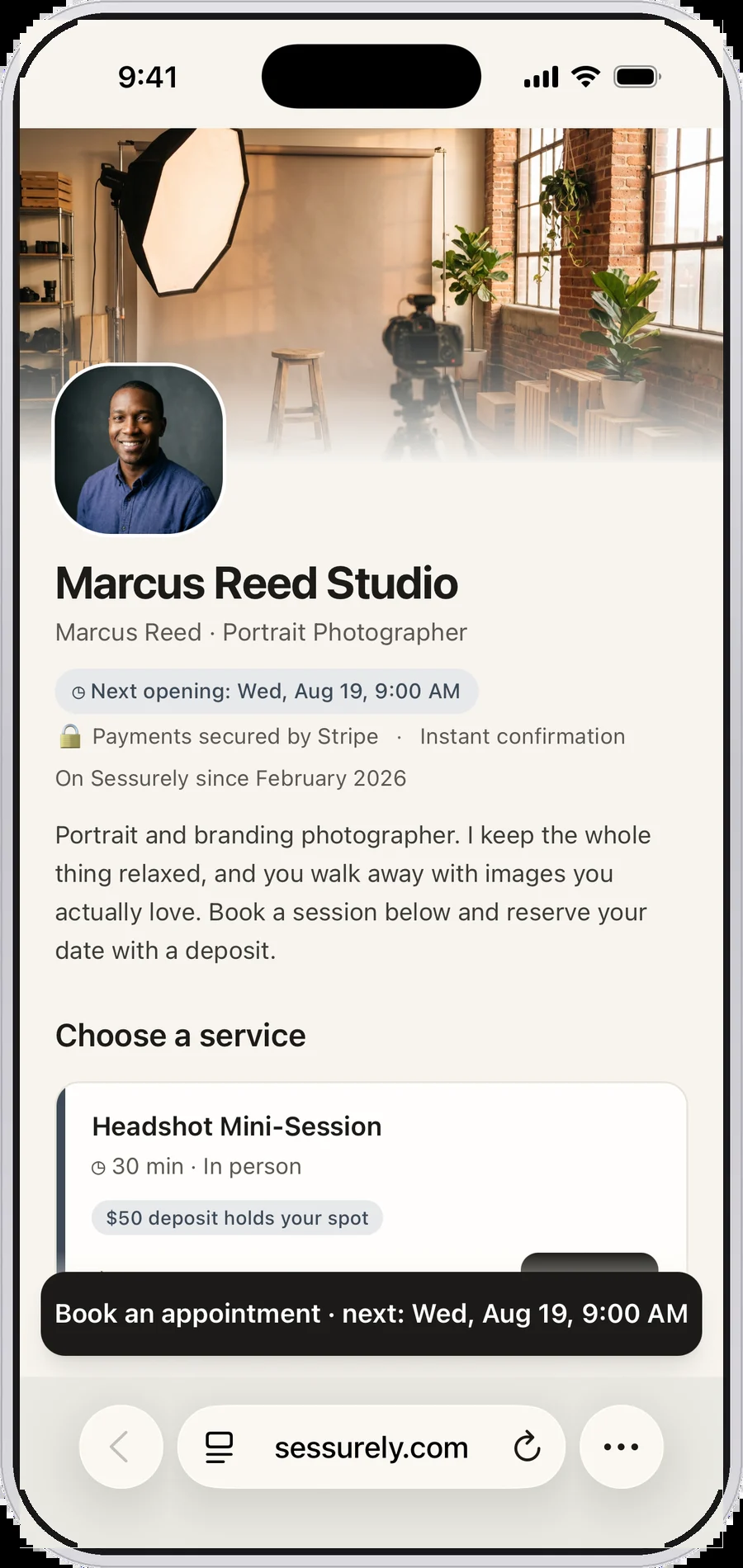 A photographer&rsquo;s Sessurely booking page on a phone, showing shoots with durations, prices and the deposit required to hold each date.