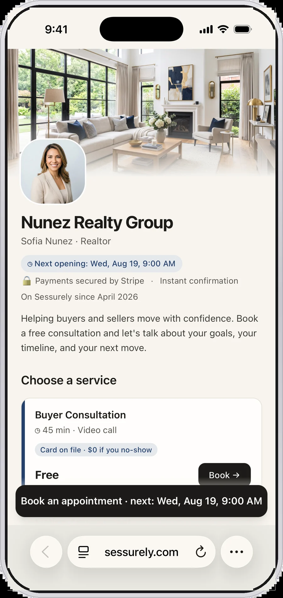 A realtor’s Sessurely booking page on iPhone: Nunez Realty Group, with a cover photo, headshot, and a free buyer consultation