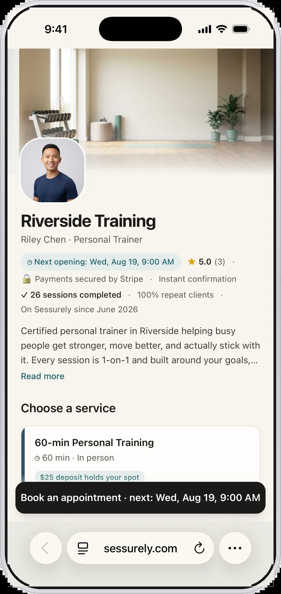 A personal trainer&rsquo;s Sessurely booking page on a phone, showing sessions with durations, prices and what is required to hold each slot.
