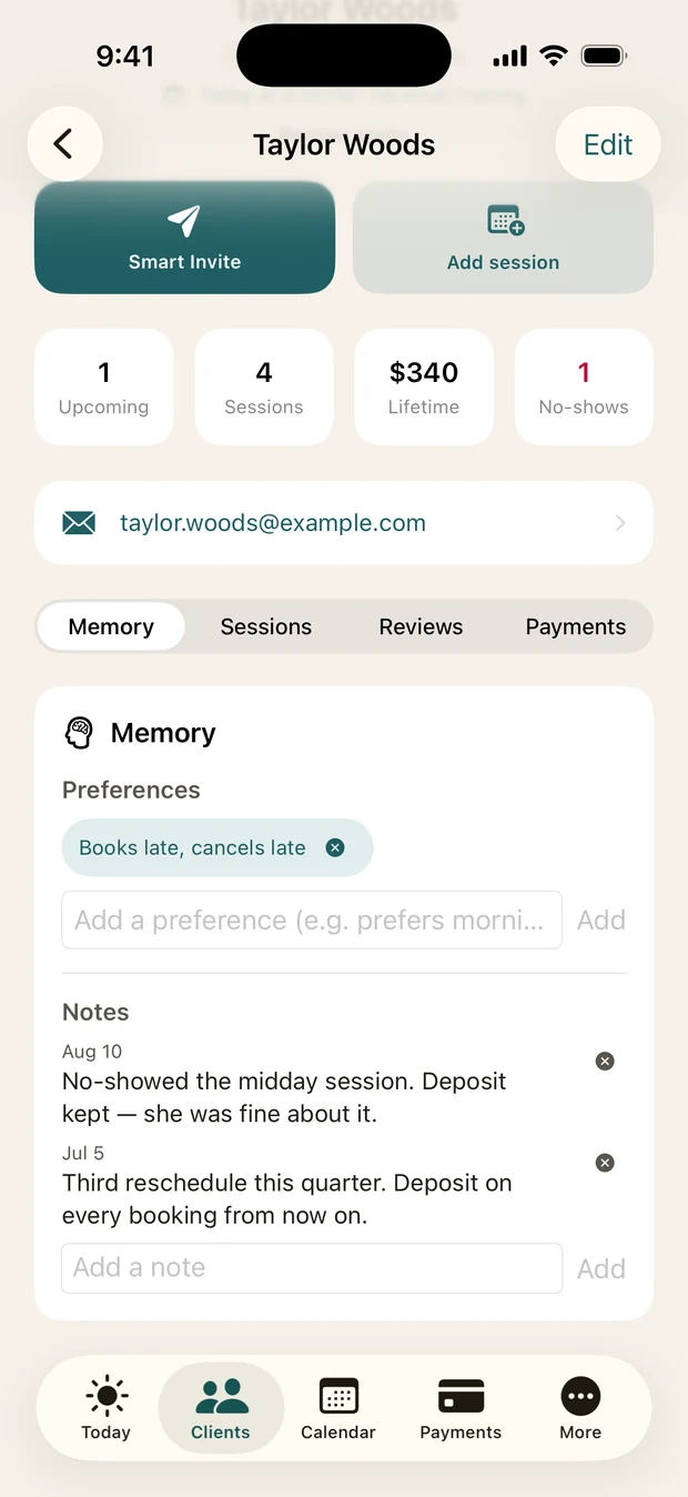 A client record for Taylor Woods: tiles reading 1 upcoming, 4 sessions, $340 lifetime and 1 no-show, a preference chip reading books late and cancels late, and two dated notes about a missed session and a run of reschedules.