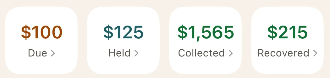 The Payments row in the Sessurely app: $100 Due in clay, $125 Held in teal, $1,565 Collected and $215 Recovered both in green.
