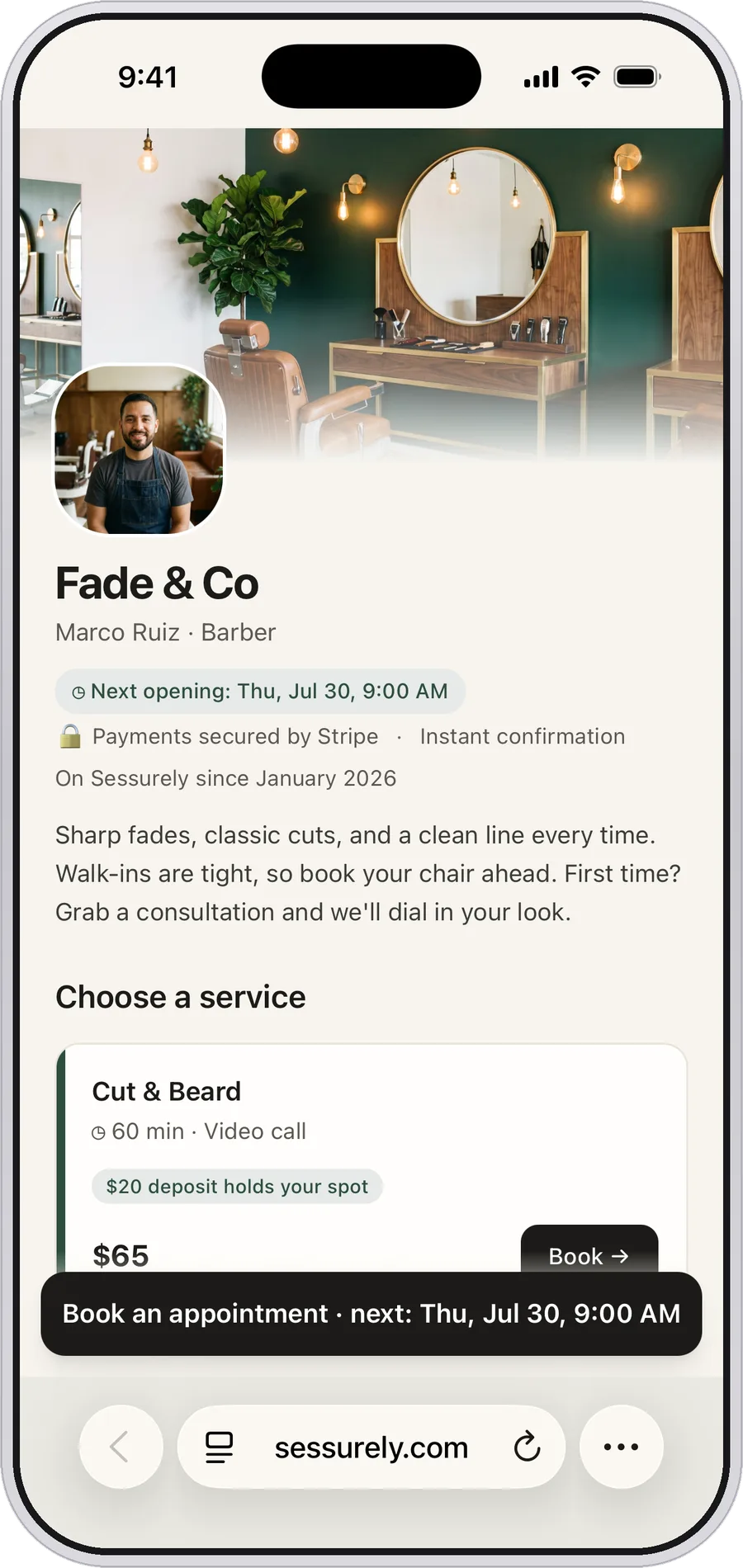 A barber's Sessurely booking page on iPhone: Fade & Co, with a shop cover, headshot, and a cut that takes a deposit