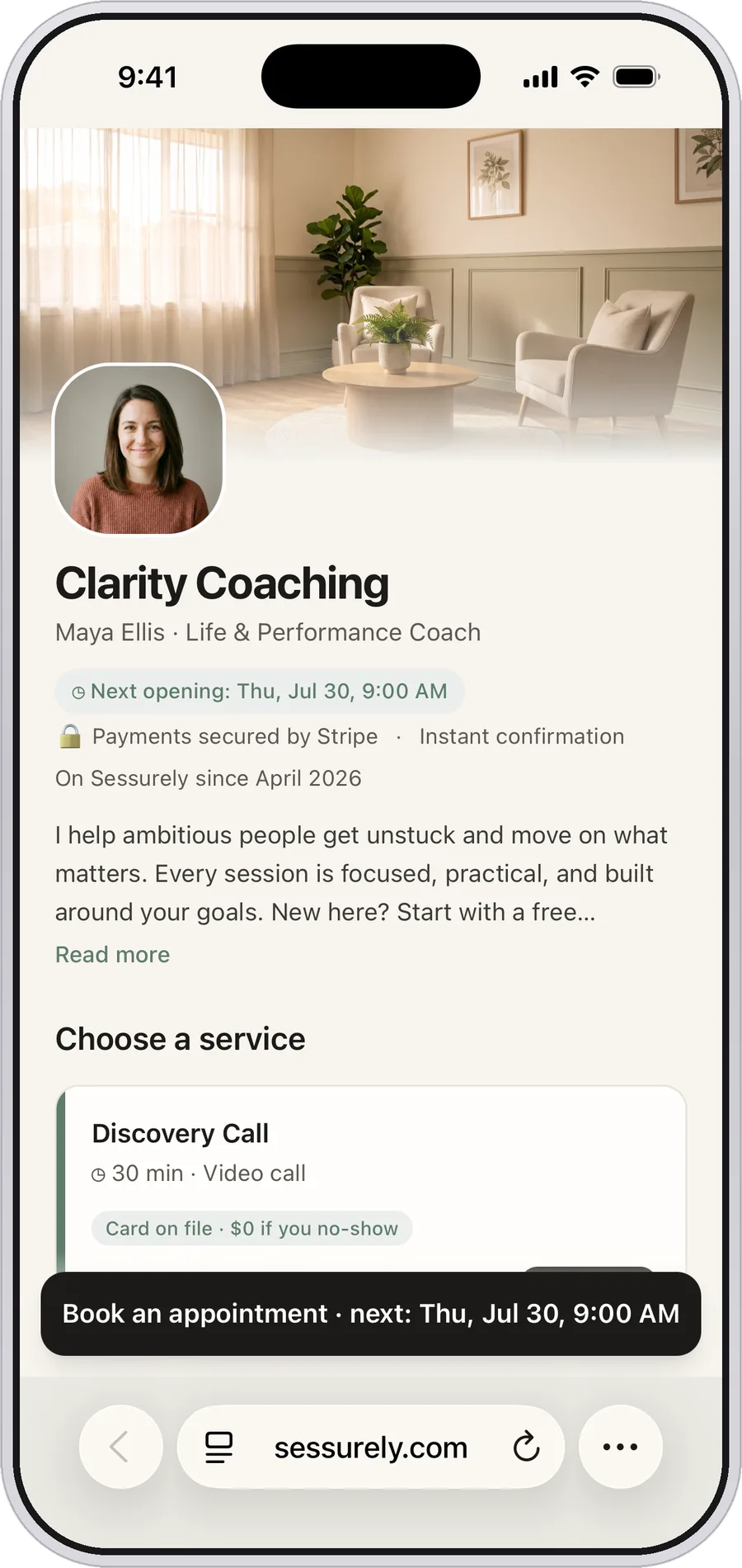 A coach's Sessurely booking page on iPhone: Clarity Coaching, with a cover photo, headshot, and a coaching session that takes a deposit