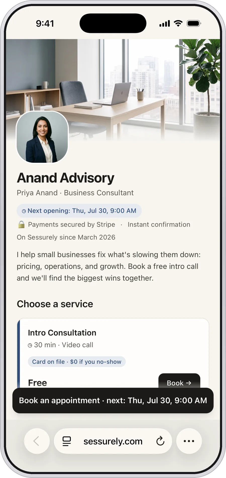 A consultant's Sessurely booking page on iPhone: Anand Advisory, with a cover photo, headshot, and a strategy session that takes a deposit