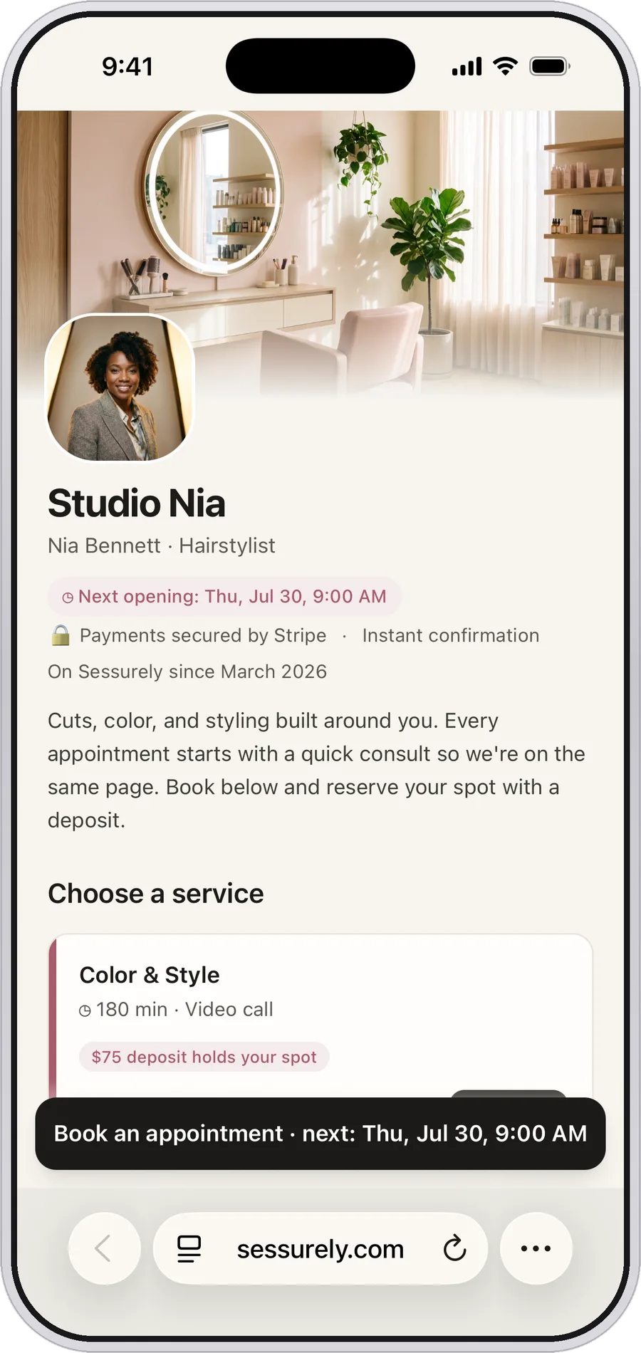 A hairstylist's Sessurely booking page on iPhone: Studio Nia, with a salon cover, headshot, and a color service that takes a deposit