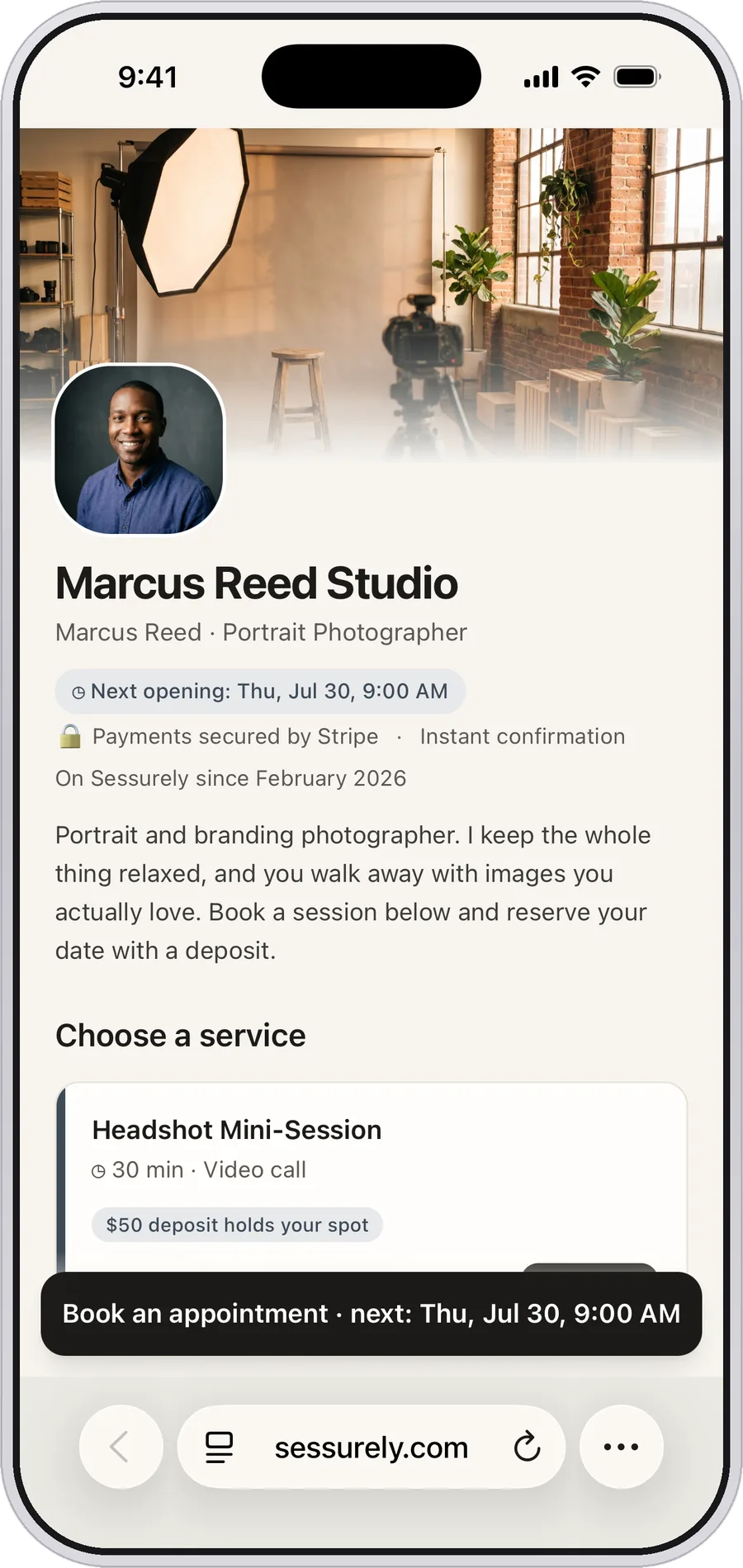 A photographer's Sessurely booking page on iPhone: Marcus Reed Studio, with a cover photo, headshot, and a session that takes a deposit