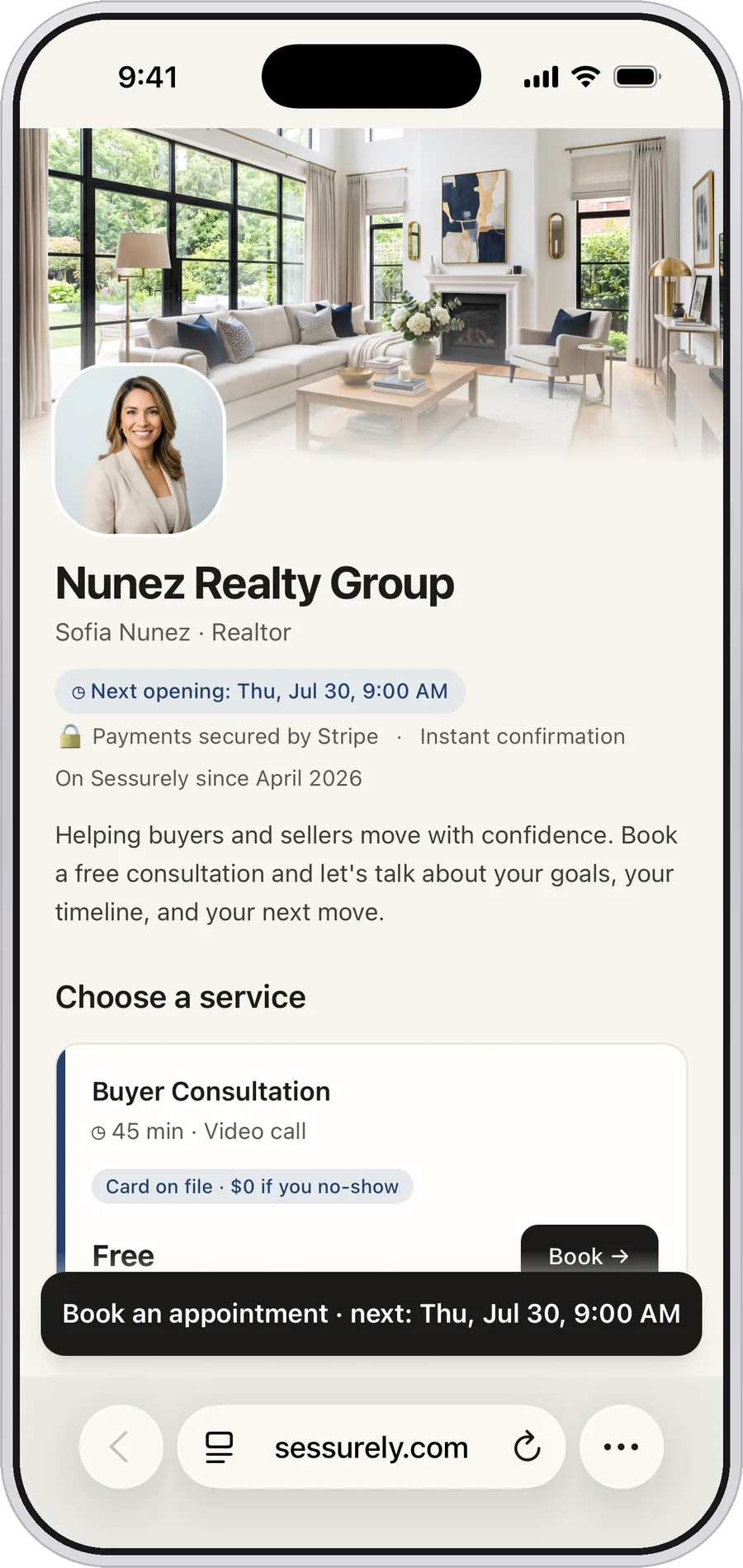 A realtor's Sessurely booking page on iPhone: Nunez Realty Group, with a cover photo, headshot, and a free buyer consultation