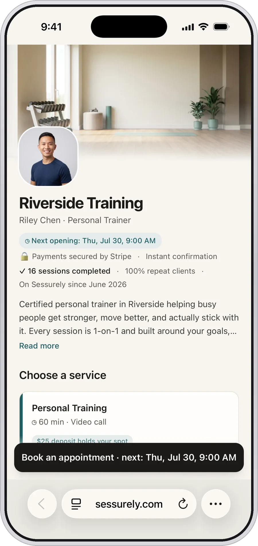 A real Sessurely booking page on iPhone: Riverside Training by Riley Chen, personal trainer, with a cover photo, headshot, and a session that takes a deposit to hold the spot