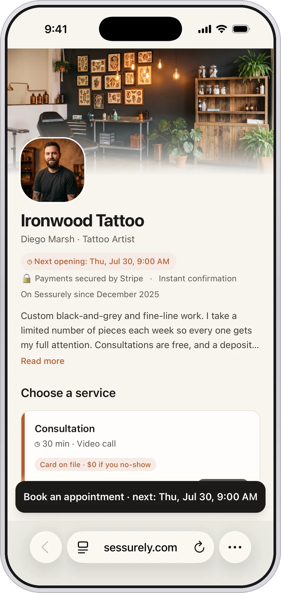 A tattoo artist's Sessurely booking page on iPhone: Ironwood Tattoo, with a studio cover, headshot, and a deposit that holds the slot